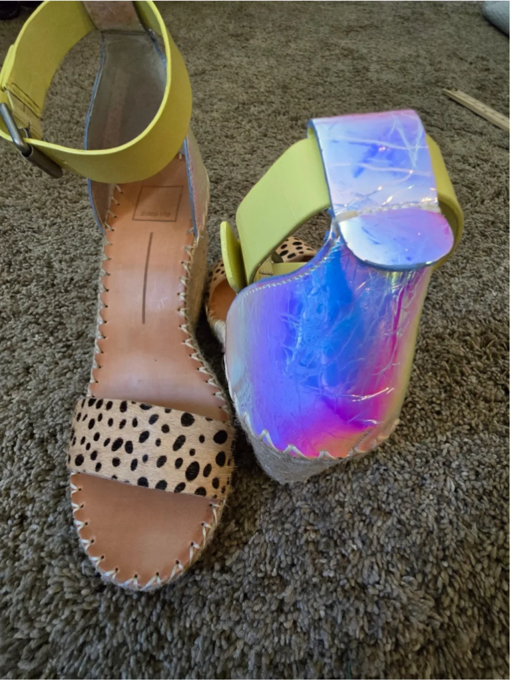 Rare Dolce Vita Leopard Print Espadrille Wedges Yellow Strap Leopard Holographic